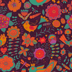Colorful seamless botanic texture, detailed flowers illustrations