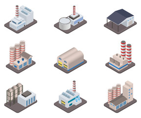 Industrial buldings - Simple vector isometric factory plants and factories icon set