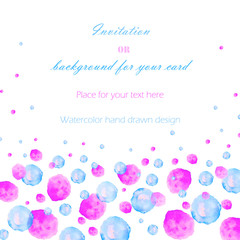 Background, template postcard with the watercolor pink, blue and purple bubbles (spots, blots), hand drawn on a white background, greeting card, decoration postcard or invitation