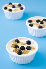 Blueberries yogurt on blue background 
