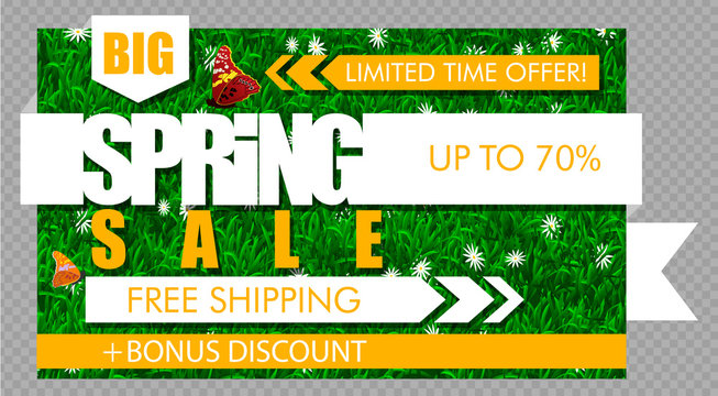 Big Spring Sale Banner. Vector grass and daisy background with flat white ribbon text and butterfly. Limited time offer, up to 70% off, free shipping, bonus discount. Seasonal clearance spring sale