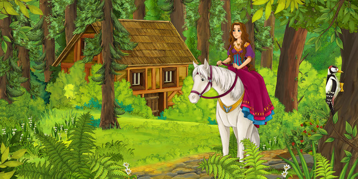 Cartoon girl riding on a white horse - princess or queen - illustration for the children