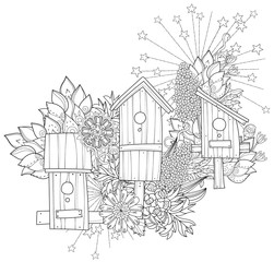 Hand drawn doodle outline spring nesting box decorated with floral ornaments.Vector hand drawn illustration.Floral ornament.Sketch for tattoo, poster, children or adult coloring pages.Boho style.