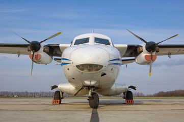 Let L-410 Turbolet is a twin-engine short-range transport aircraft. Front view.
