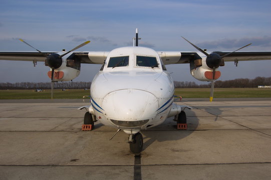 Let L-410 Turbolet is a twin-engine short-range transport aircraft. Front view.