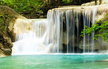Fototapeta na wymiar Deep Forest Waterfall in Kanchanaburi, Thailand