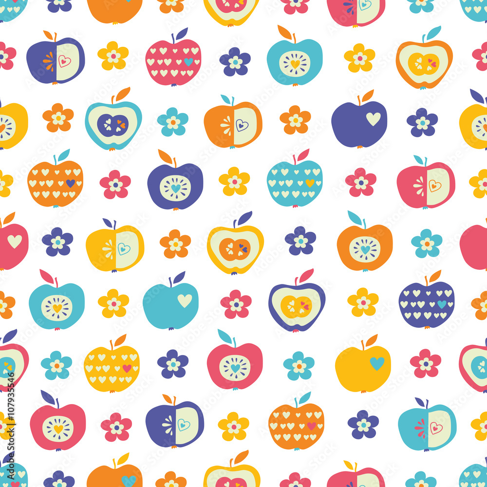 Poster seamless pattern with apples and flowers