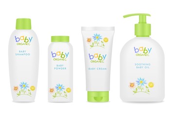 Baby cosmetic tubes with kids design. Vector