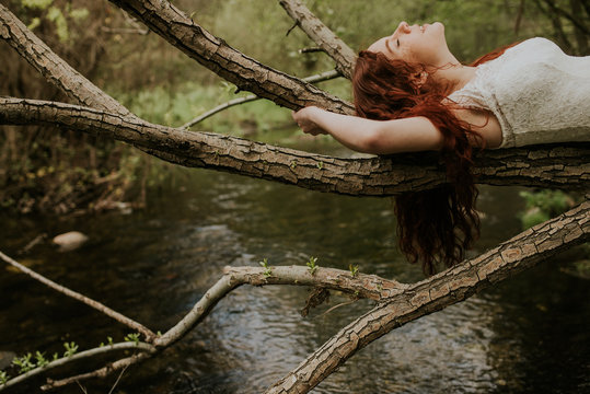 Redhead teen woman lying on a tree in the forest