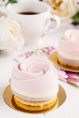 French mousse entremet with pink cocoa velour