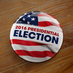 2016 Presidential Election Button over wooden surface
