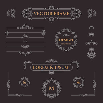 Set of decorative  borders, frames, corners and monograms. Template signage, logos, labels, stickers, cards. Graphic design page. Floral borders. Classic design elements.