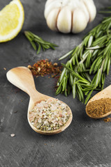 Various spices: rosemary, pink salt, garlic on a dark background