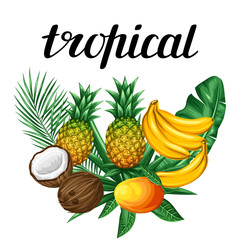 Background with tropical fruits and leaves. Design for advertising booklets, labels, packaging, textile printing
