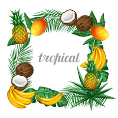 Frame with tropical fruits and leaves. Design for advertising booklets, labels, packaging, menu