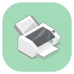 PC printer with lined paper documents.
Vector illustration icon of a printer with paper document printouts.