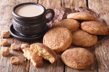 American cookies Snickerdoodle and coffee with milk close-up. Horizontal

