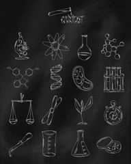 Linear hand drawn icons on chalk Board. Accessories belonging to the scientist, the expert or the chemical laboratory. Vector - 107939368