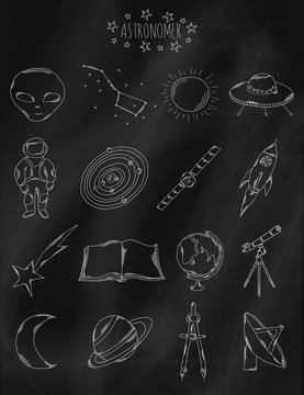 Linear hand drawn icons on chalk Board. Accessories belonging to the astronomer, astronaut, astrologer. Vector