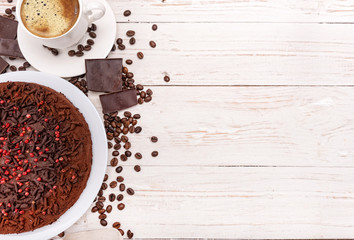 Truffle chocolate cake.Background. 