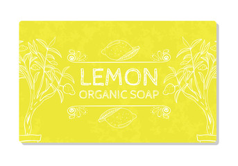 Decal design hand organic soap with lemon isolated on white background. Label in hand drawn style. Vector