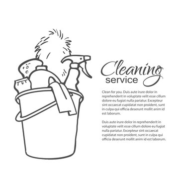 Cleaning services. Hand drawn spray and dust collector, rag, sponge. Cleaning homes and offices. Bucket with cleaning cleaners. Black and white painted bucket. Easy cleaning. illustration