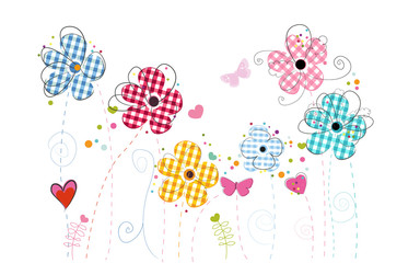 Abstract pink red flowers. Plaid pattern vector background