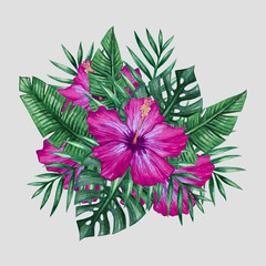Watercolor tropical flowers and palm tree leaves. Vector illustration.
