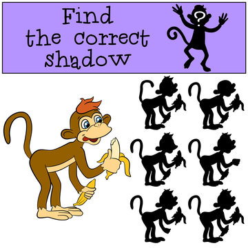 Children games: Find the correct shadow. Little cute monkey holds bananas in the hands.
