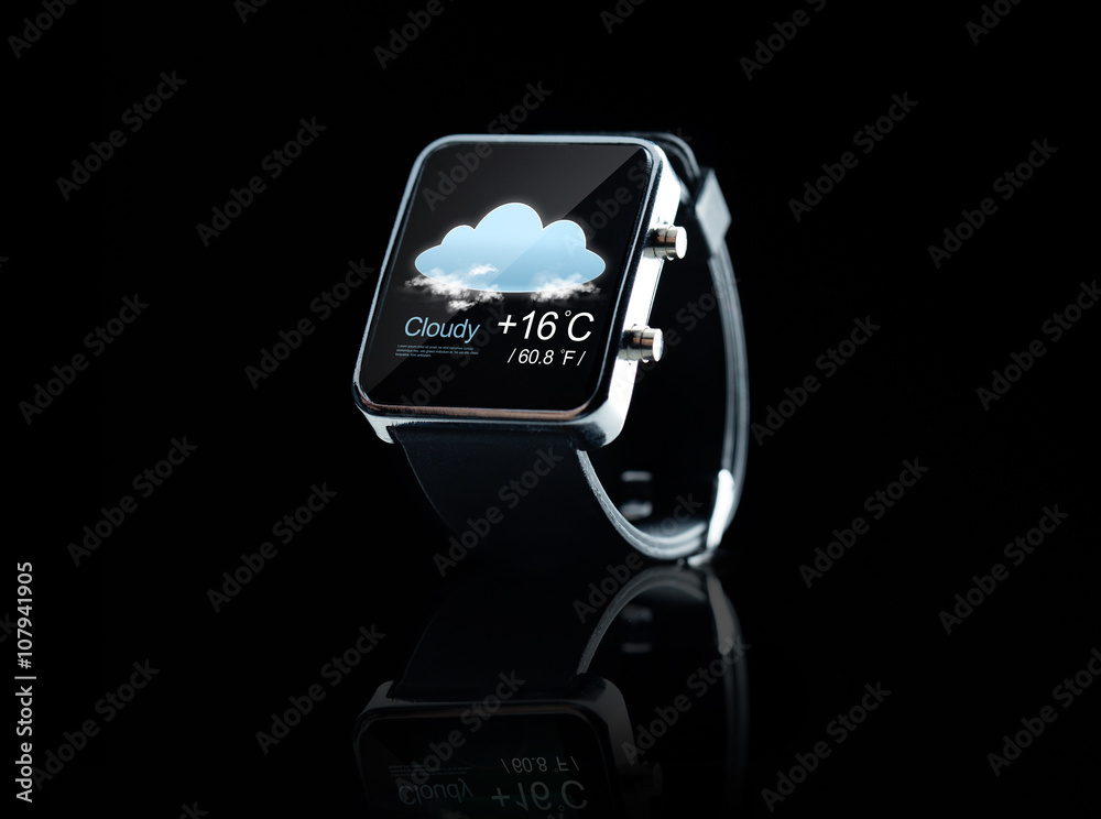 Wall mural close up of black smart watch with weather app