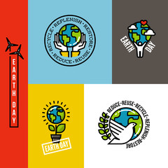 Ecology concept flat line vector illustration with human figure holding green planet Earth