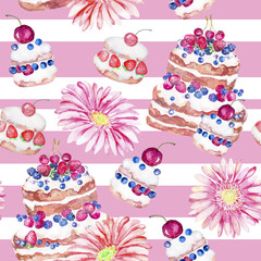 Cake, food, sweets, flowers. Watercolor seamless pattern.