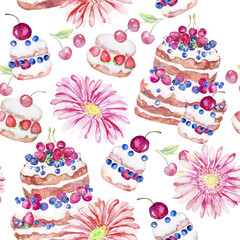 Cake, food, sweets, flowers. Watercolor seamless pattern.