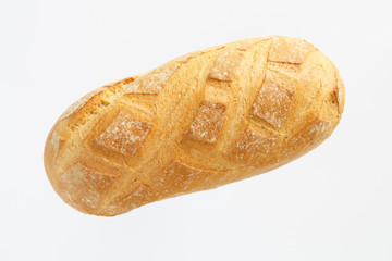 French baguette on a white background with space for text. product of flour. Bread long form. flat location a food on a white background. view from above