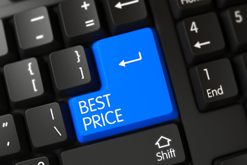 Best Price Close Up of Black Keyboard on a Modern Laptop. Best Price Concept: Black Keyboard with Best Price on Blue Enter Keypad Background, Selected Focus. 3D.