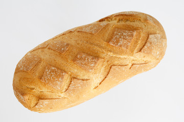 French baguette on a white background with space for text. product of flour. Bread long form. flat location a food on a white background. view from above