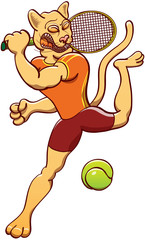 Athletic puma wearing orange shirt and brown shorts while making a big effort to perform a powerful smash while playing tennis