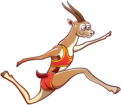 Athletic gazelle smiling and wearing red uniform while making a big effort to perform a long jump by fully stretching its legs with great ease and elegance