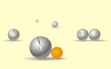 Petanque game balls on yellow background. Parlour game for leisure time. Fork perspective, horizontal composition. Bocce shading spheres with shadows. Play time. Isolated master vector illustration.