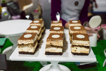 Tasty chocolate cream desserts on a buffet
