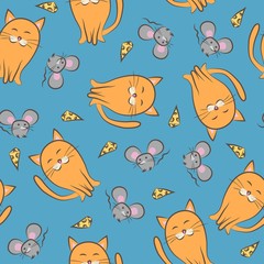 Fototapeta premium Seamless pattern whith cats and mouses. Color doodle. Vector ill