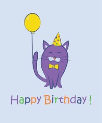Happy birthday. Cat with tulips. Color card. Vector illustration