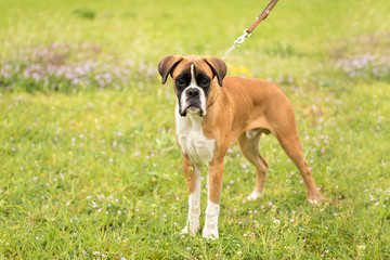 Boxer dog in the green field