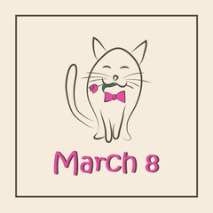 March 8. Cat with tulips. Card. Vector illustration