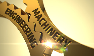 Machinery Engineering on Golden Cogwheels. Machinery Engineering on the Mechanism of Golden Metallic Cogwheels with Glow Effect. Machinery Engineering - Concept. 3D. - obrazy, fototapety, plakaty