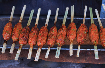 delicious red spicy meatball grilled in market