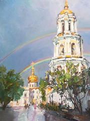 oil painting, church, temple, rainbow, faith, religion