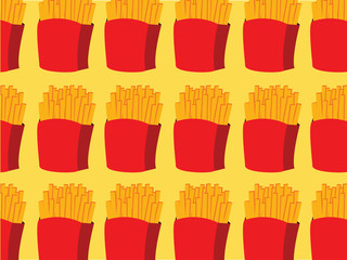 Seamless pattern of boxes of takeaway French fries in a golden outline in square format