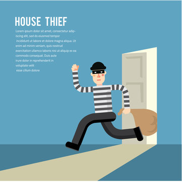 Simple cartoon of a burglar break into a house