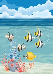Fototapeta na wymiar underwater landscape background with fishes